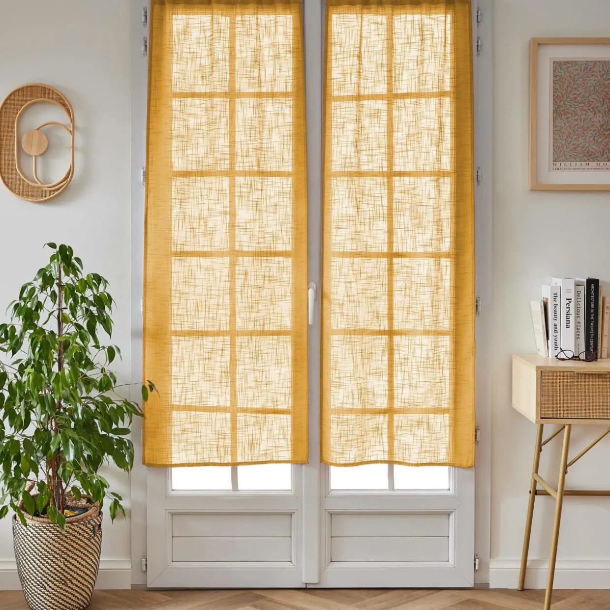 Paire de voilages passe-tringle effet lin (60 x 160 cm) Robin Jaune Ocre