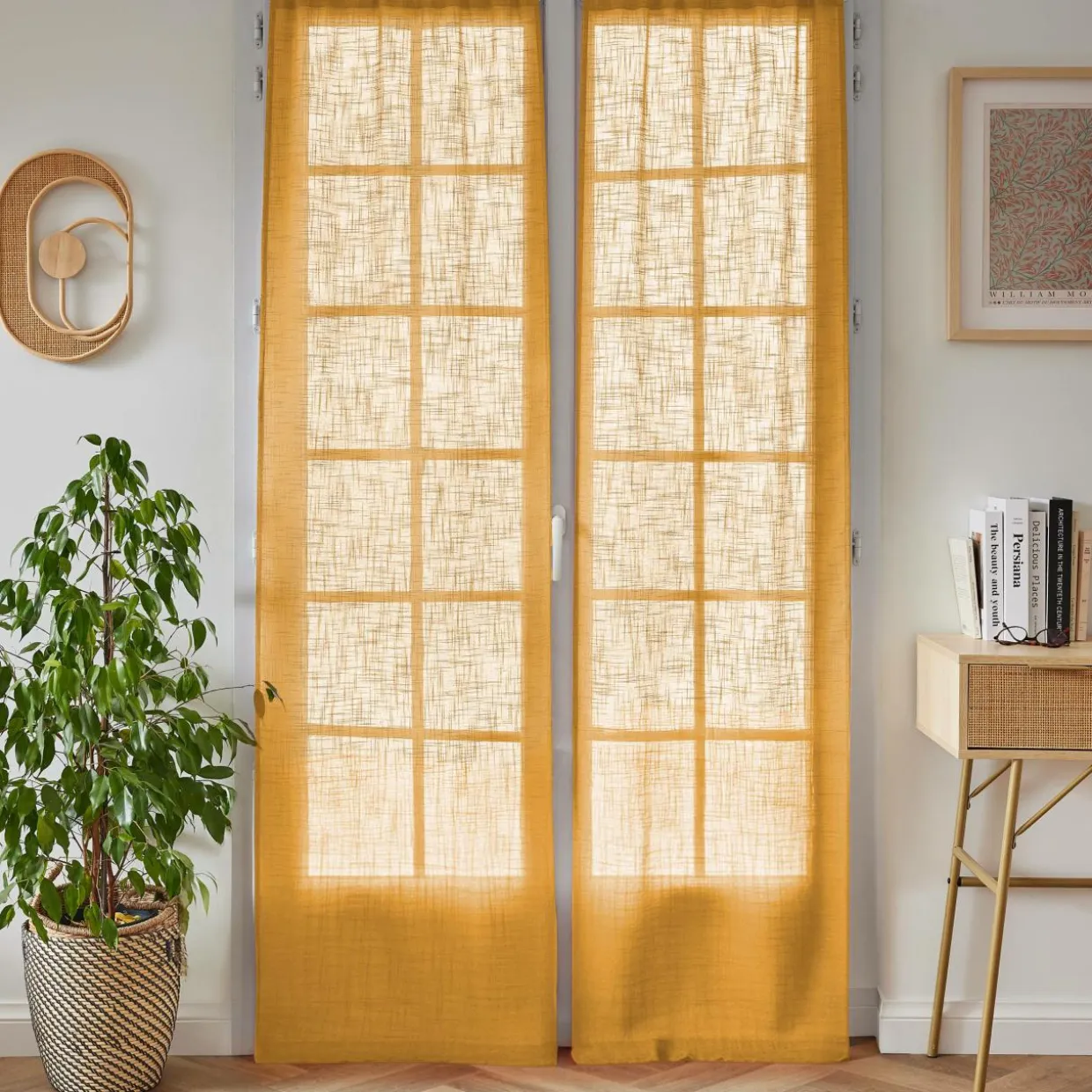 Paire de voilages passe-tringle effet lin (70 x 200 cm) Robin Jaune Ocre