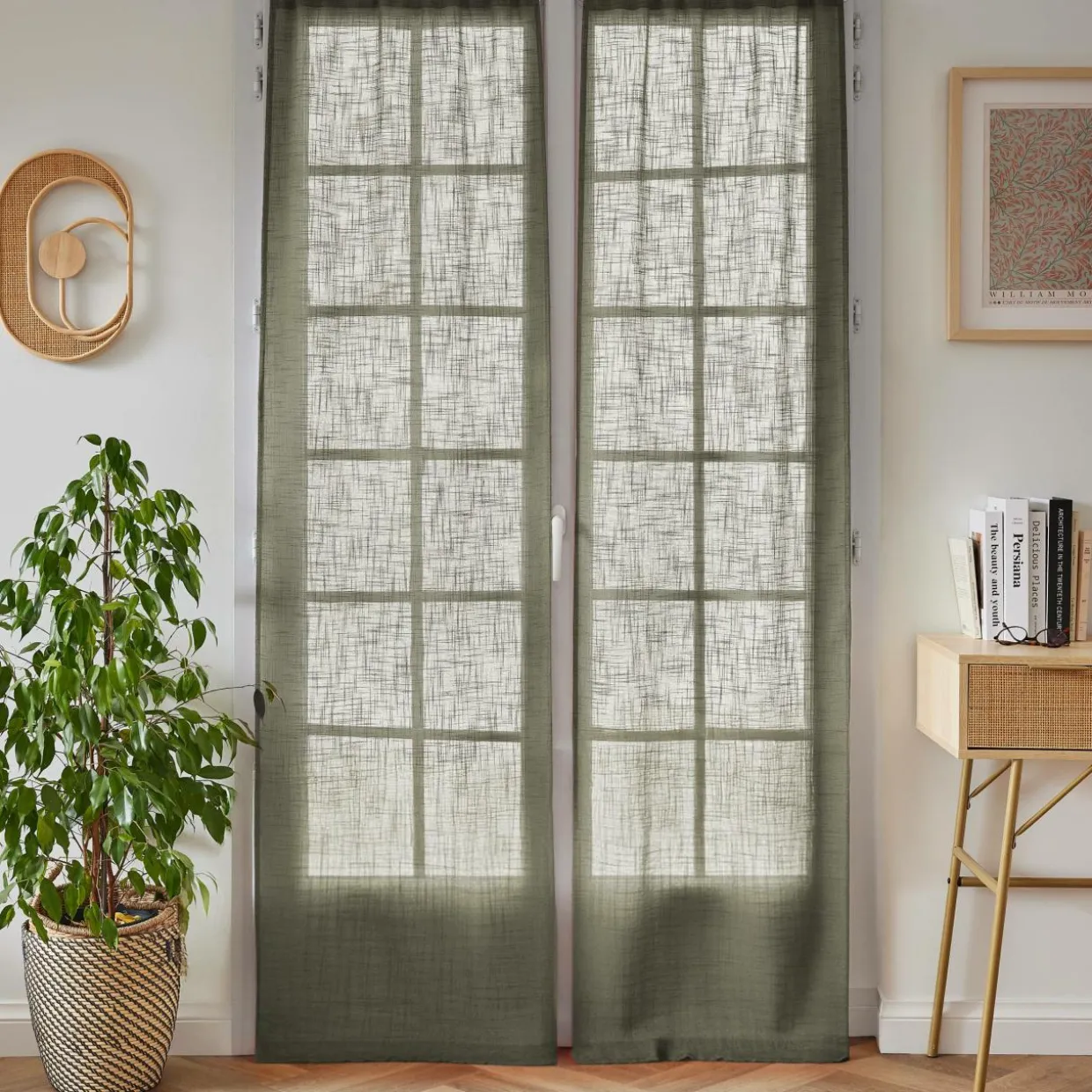 Paire de voilages passe-tringle effet lin (70 x 200 cm) Robin Vert Romarin