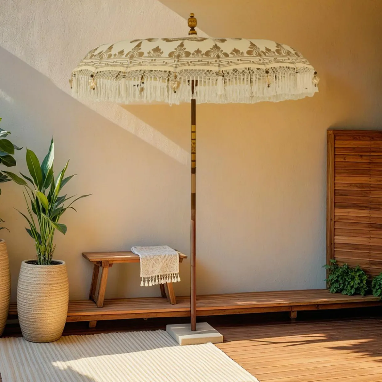 Parasol de jardin rond à franges (D2 m) Jaipur Crème et dorure