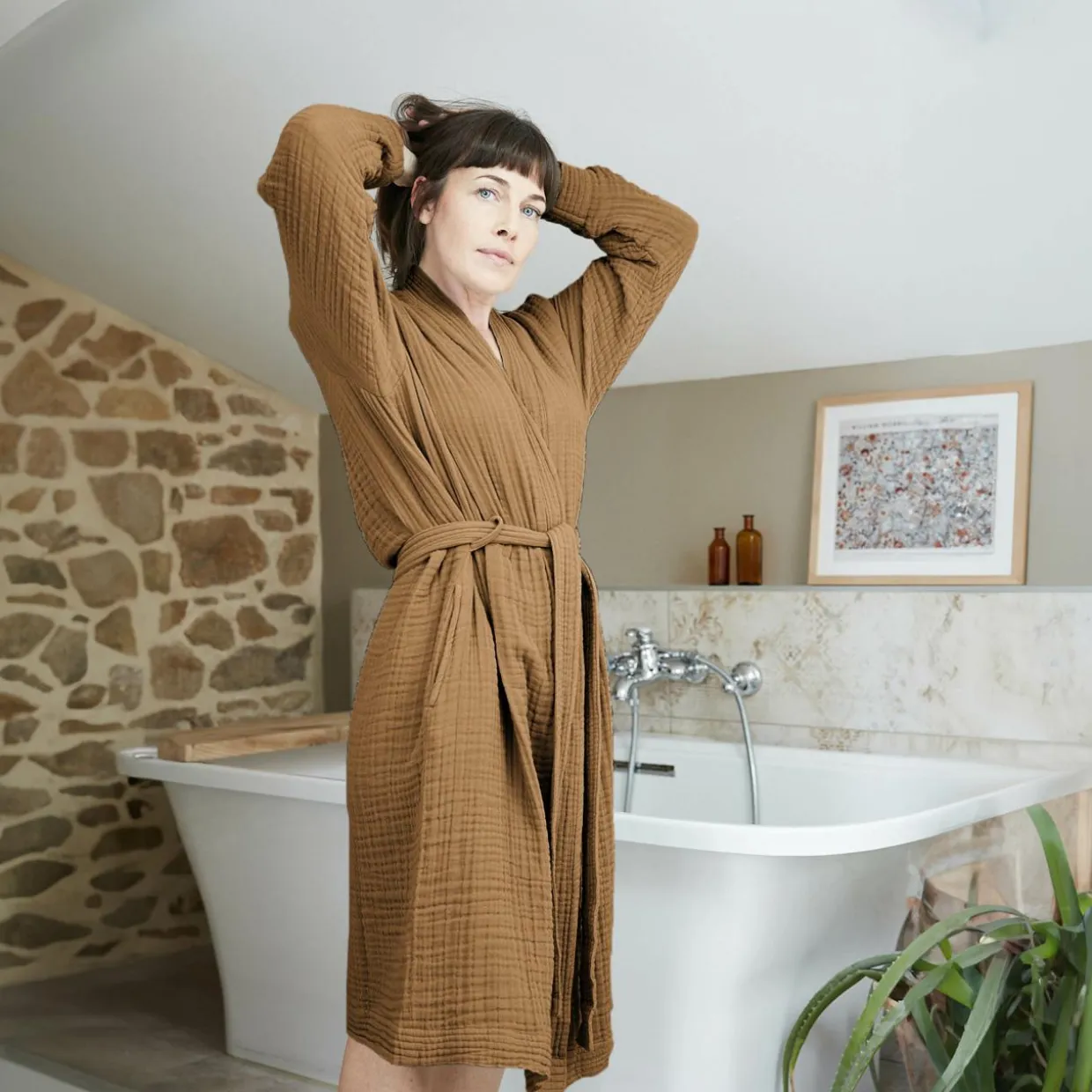 Peignoir de bain gaze de coton L/XL Gaïa Camel