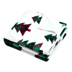 Plaid de Noël en flanelle (130 x 160 cm) Forêt de sapin Blanc et vert