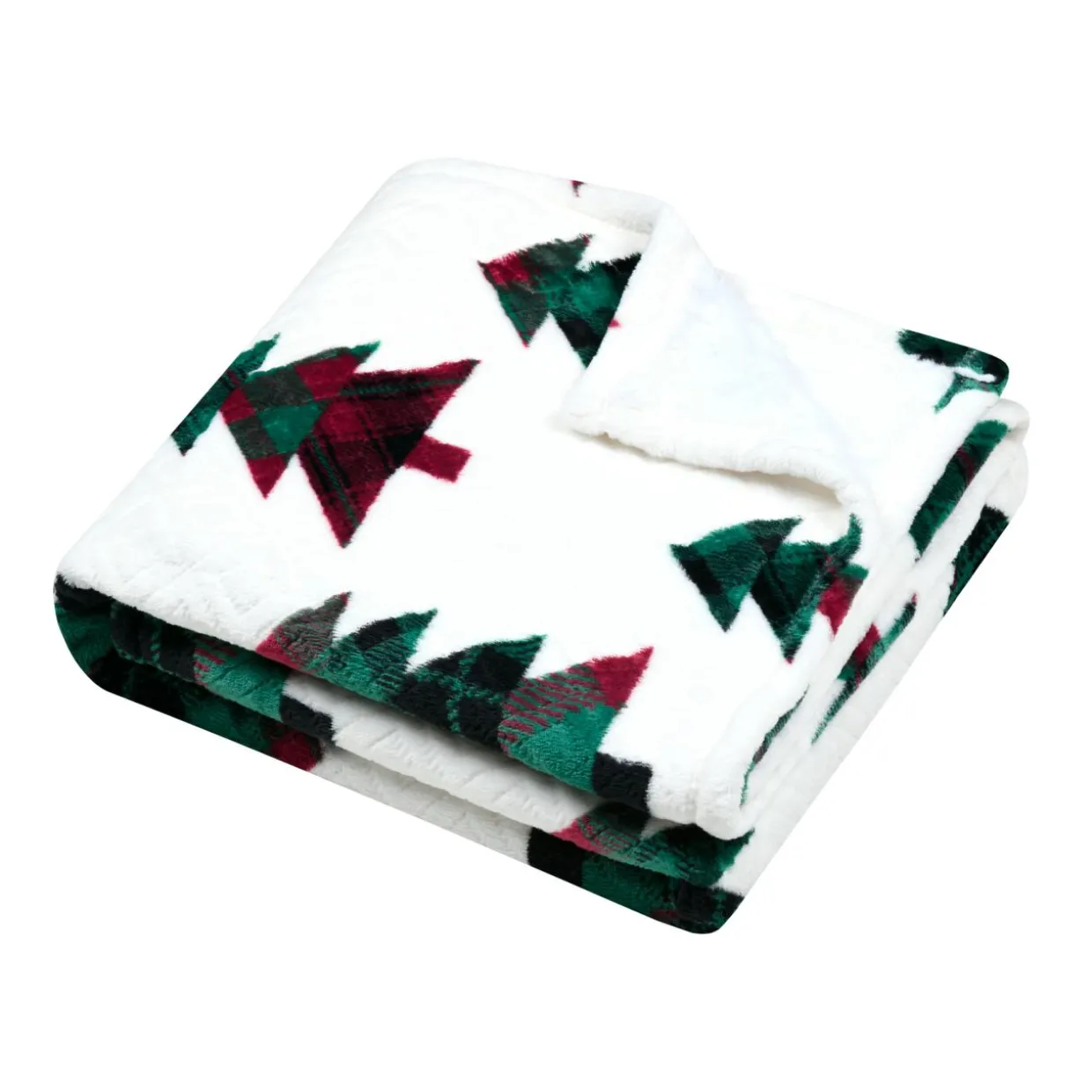 Plaid de Noël en flanelle (130 x 160 cm) Forêt de sapin Blanc et vert