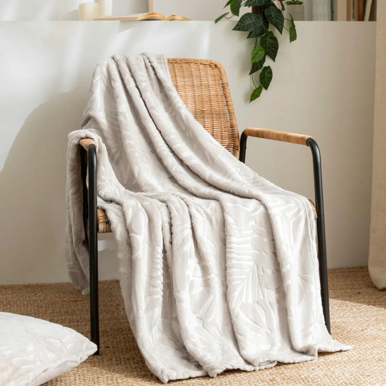 Plaid doux flanelle (125 x 150 cm) Flore Ecru