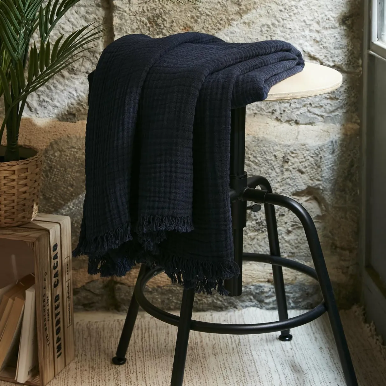 Plaid gaze de coton (130 x 160 cm) Gaïa Bleu nuit