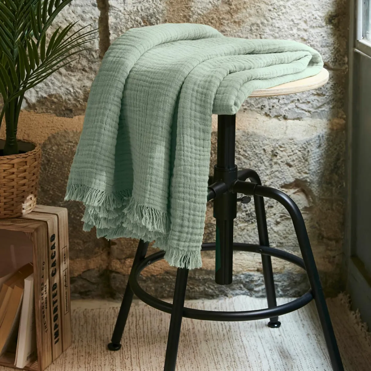 Plaid gaze de coton (130 x 160 cm) Gaïa Vert eucalyptus