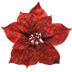 Poinsettia de Noël pailletée sur clip (D26 cm) Glit Rouge