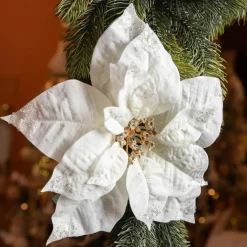 Poinsettia de Noël sur clip (D25 cm) Pureté pailletée Blanc