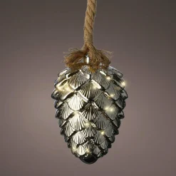 Pomme de pin lumineuse à piles 15 LED (H21 cm) Argent et Blanc chaud