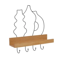 Porte-clé mural avec étagère en bois (42 cm) Design Noir et naturel
