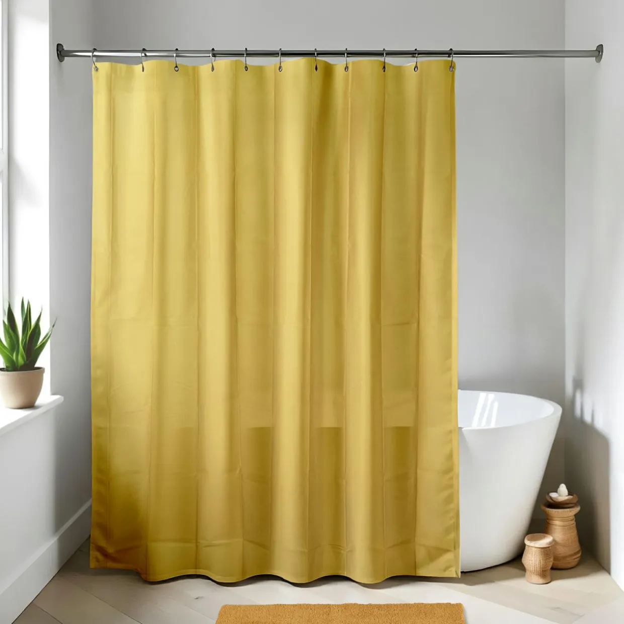 Rideau de douche à anneaux (180 x 200 cm) Uni Jaune moutarde