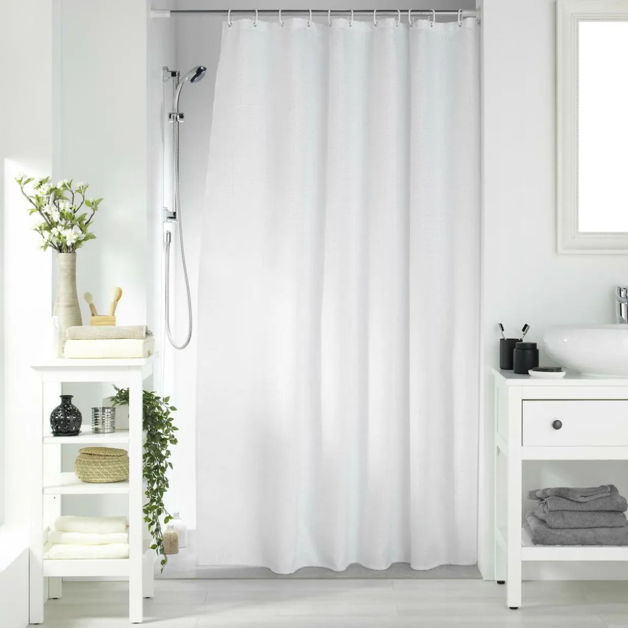 Rideau de douche effet tissé à anneaux (180 x 200 cm) Quartz Blanc