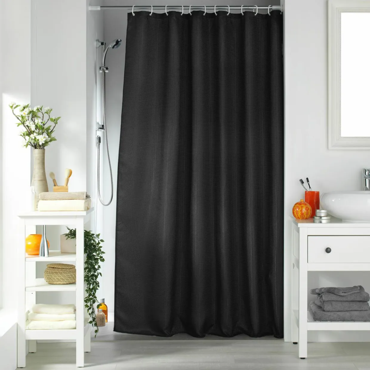 Rideau de douche effet tissé à anneaux (180 x 200 cm) Quartz Noir