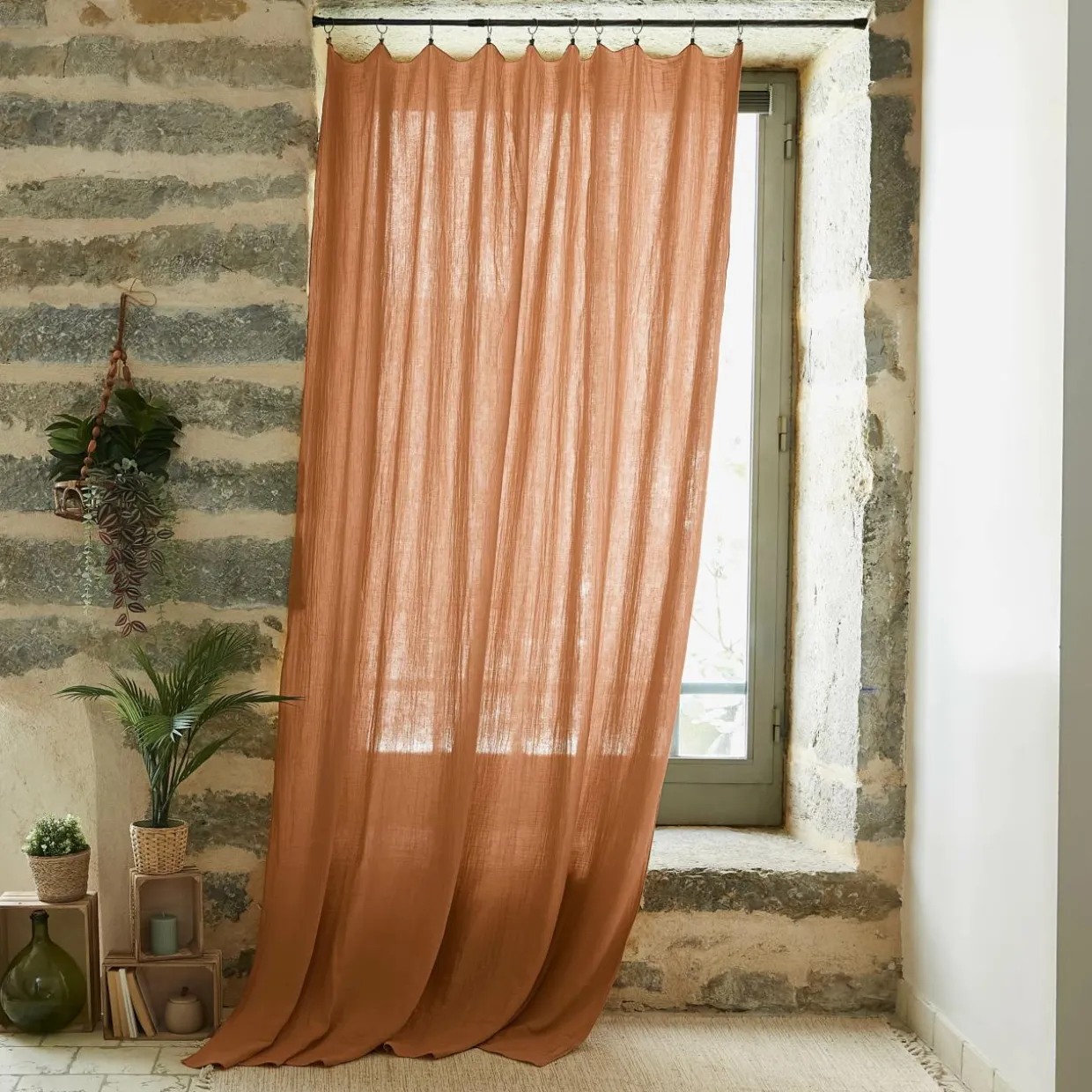 Rideau gaze de coton ajustable (140 x max 300 cm) Gaïa Abricot