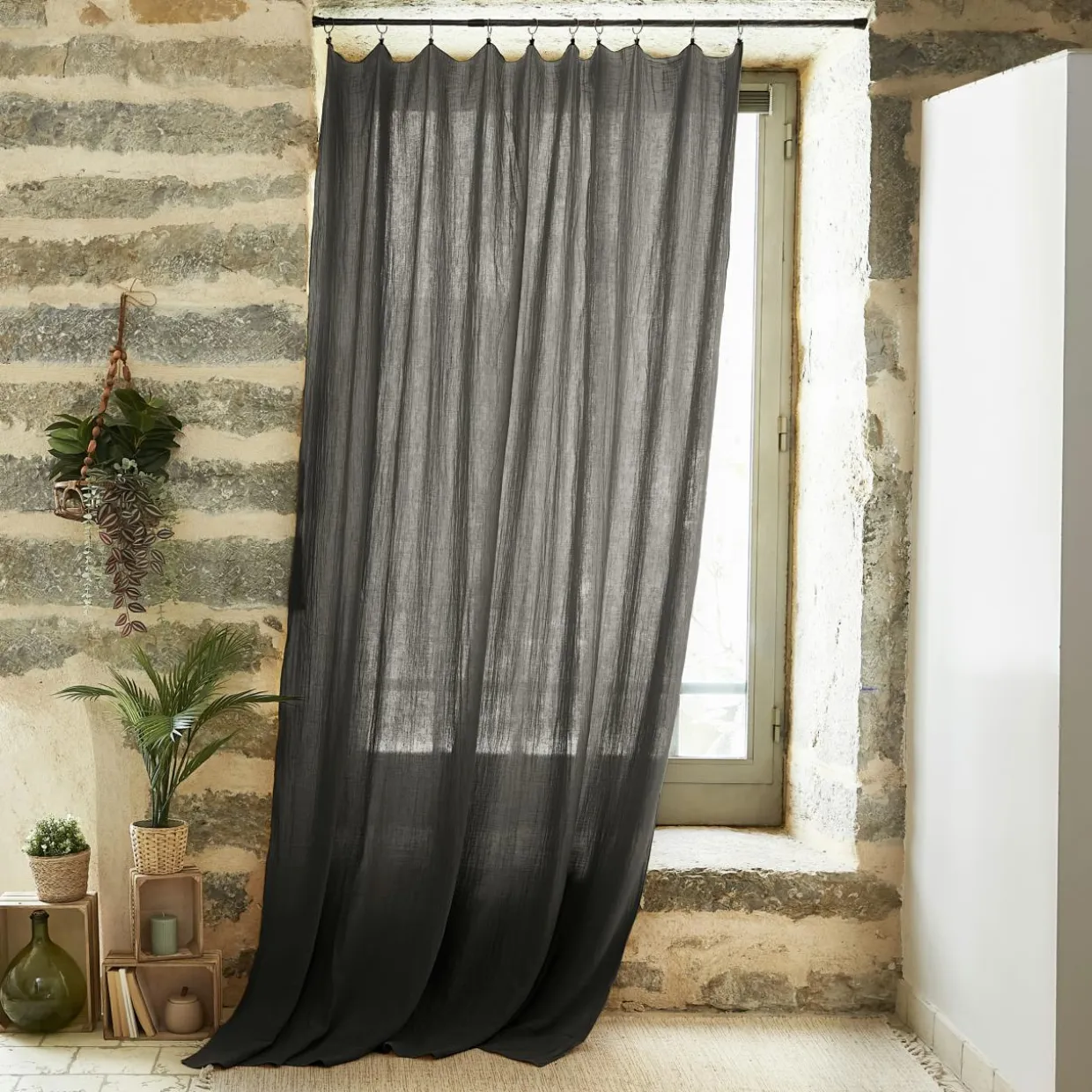Rideau gaze de coton ajustable (140 x max 300 cm) Gaïa Gris granit