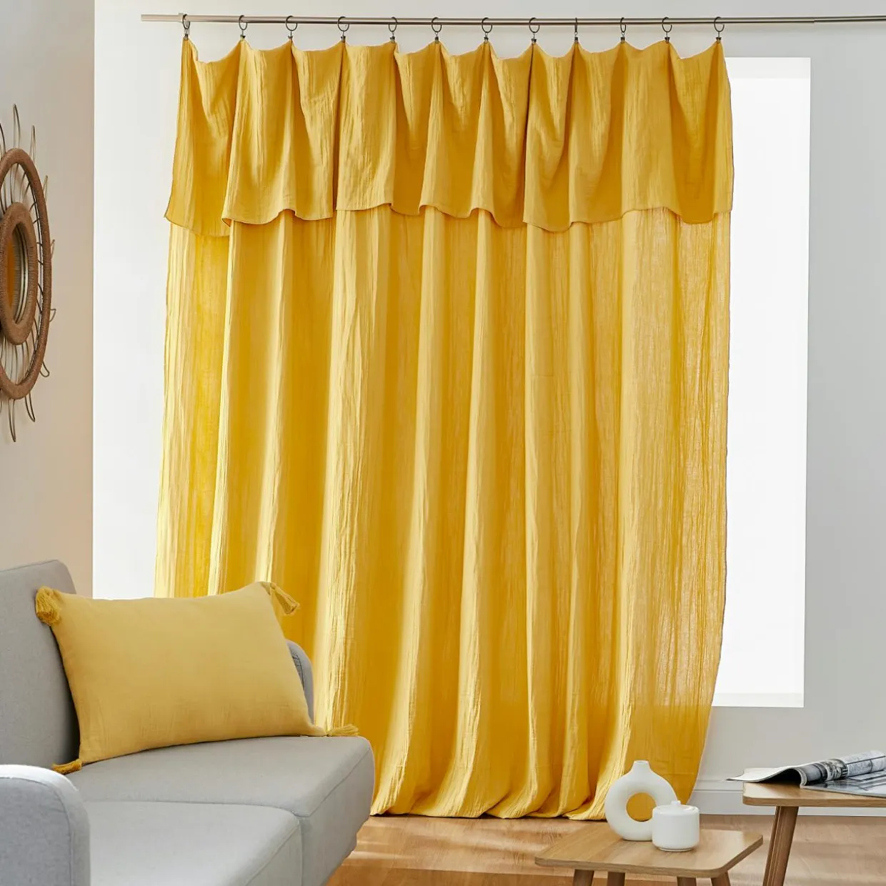 Rideau gaze de coton ajustable (280 x max 300 cm) Gaïa Jaune safran