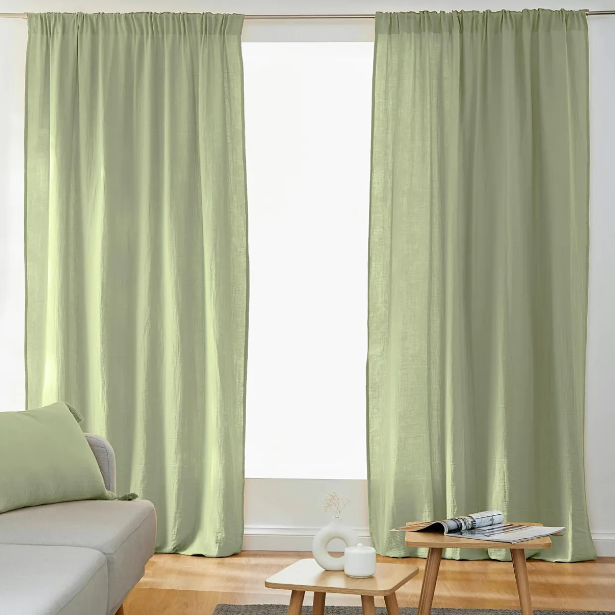 Rideau gaze de coton galon fronceur (140 x 240 cm) Gaïa Vert tilleul