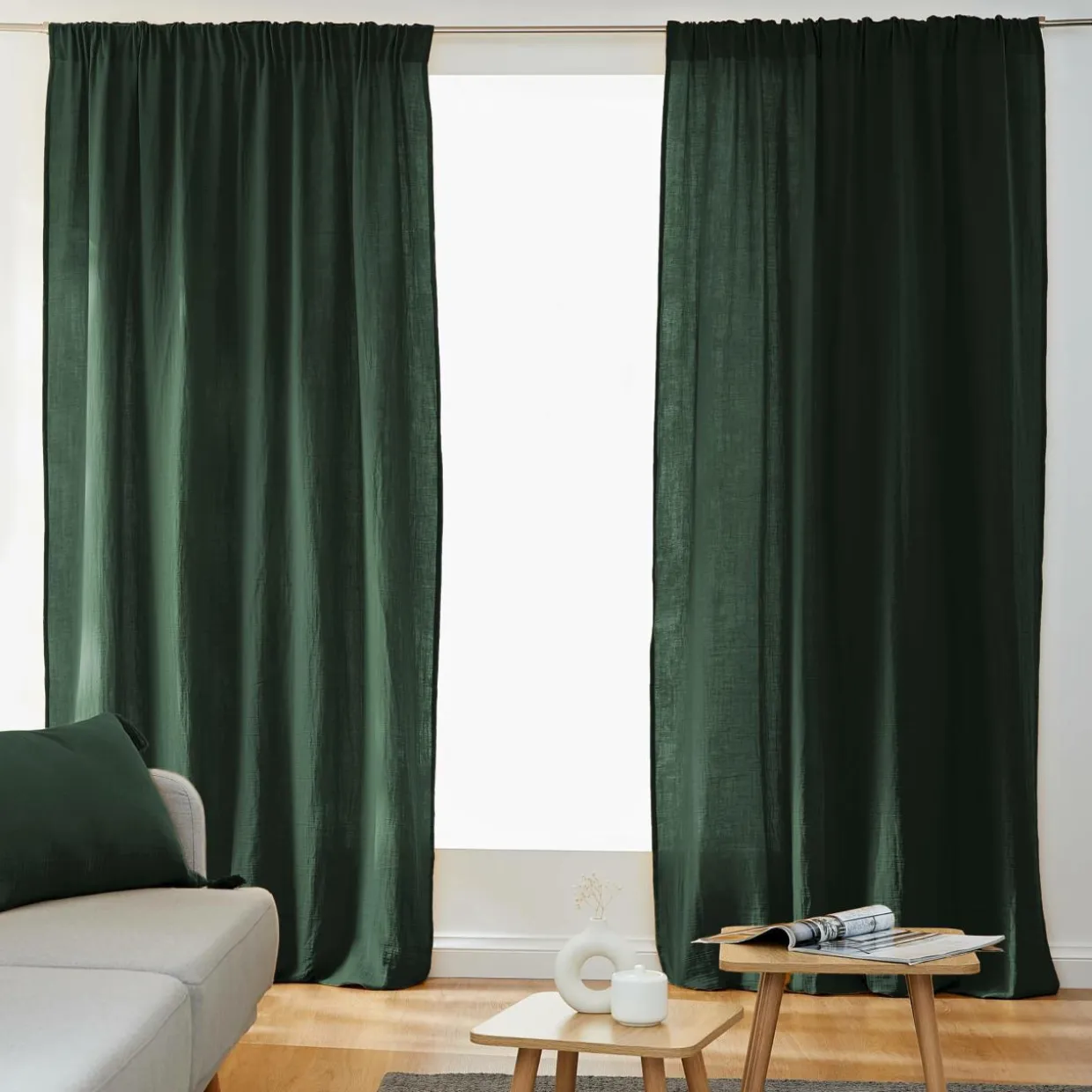 Rideau gaze de coton galon fronceur (180 x 240 cm) Gaïa Vert sapin