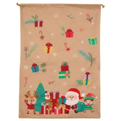 Sac cadeau en jute (H70 cm) Lutin et Père Noël Beige