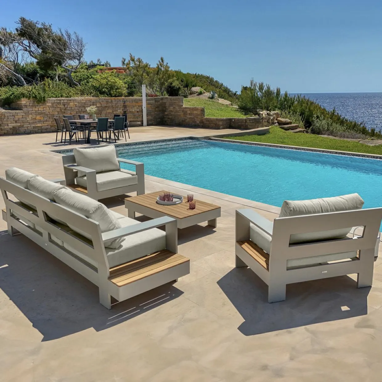 Salon de jardin aluminium et bois teck 5 places Antibes Crème