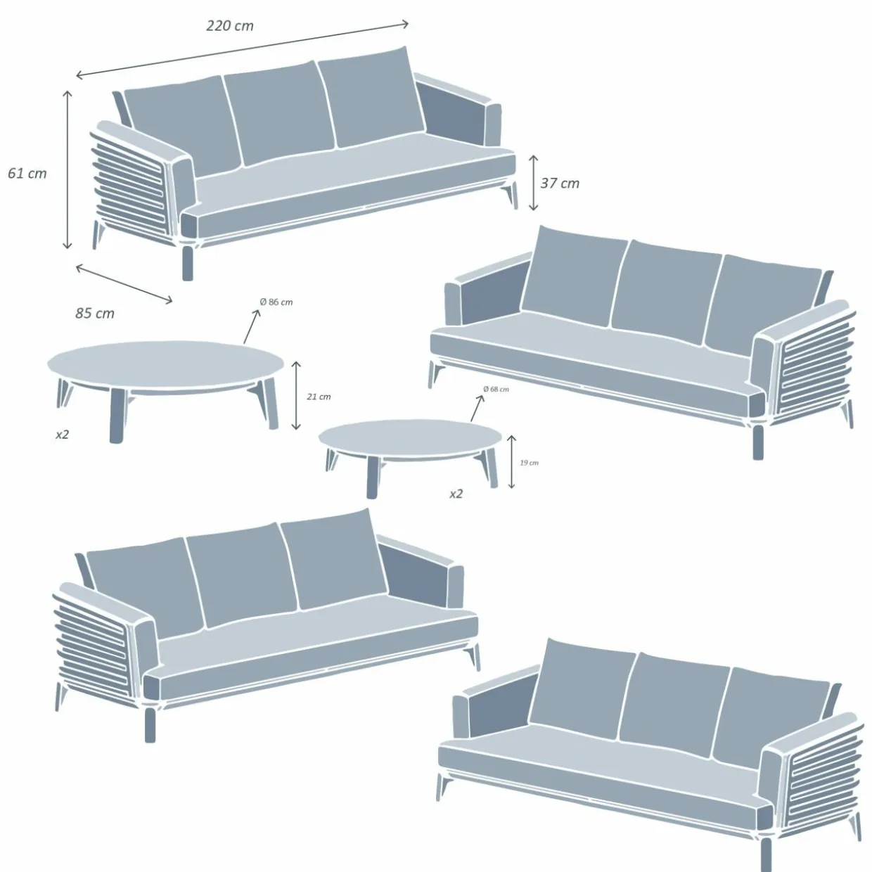 Salon de jardin aluminium 12 places 8 pcs Monte Carlo Gris anthracite et gris clair