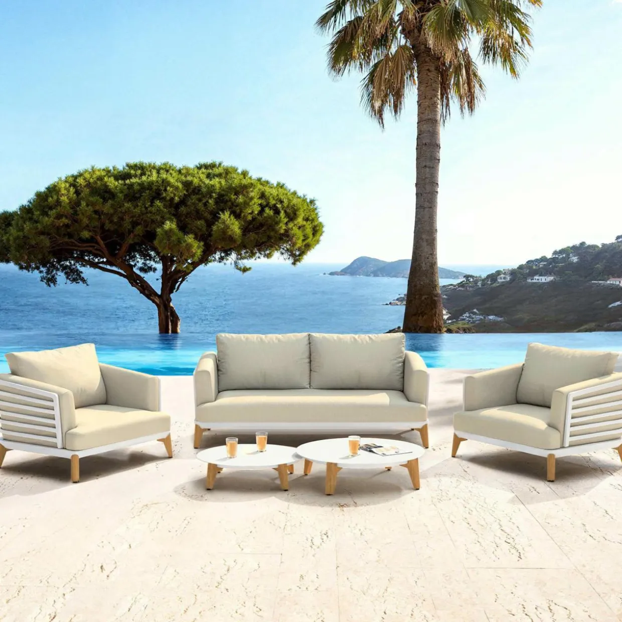 Salon de jardin aluminium 4 places 5 pcs Monte Carlo Blanc et beige