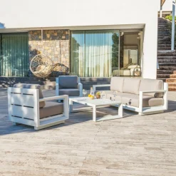 Salon de jardin aluminium 5 places 4 pcs Elba Blanc et taupe