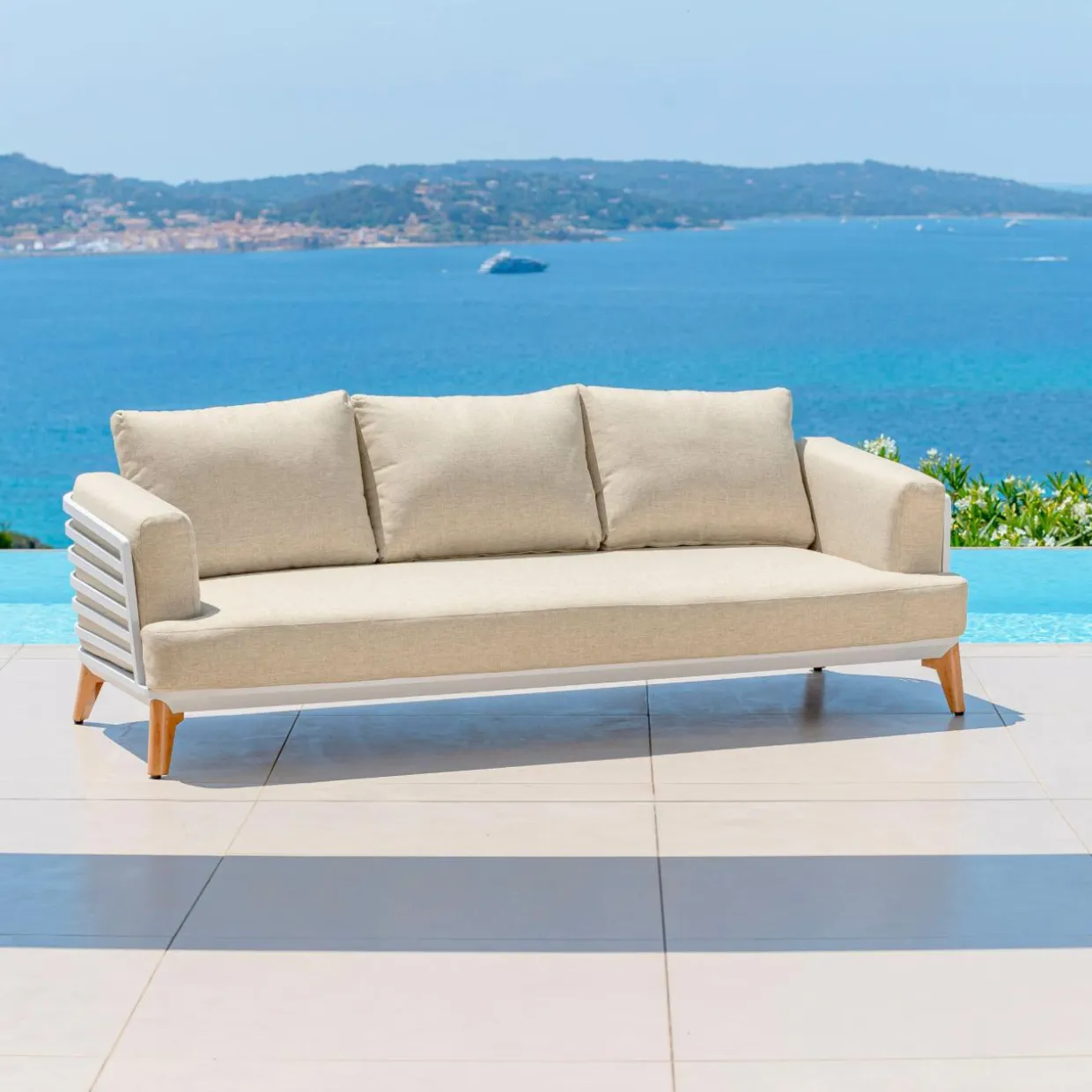Salon de jardin aluminium 5 places 4 pcs Monte Carlo Blanc et beige