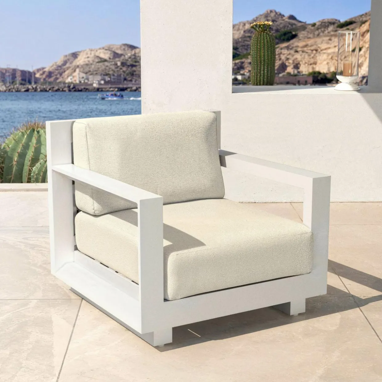 Salon de jardin aluminium 7 places 5 pcs Elba Blanc et beige