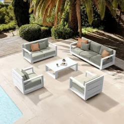Salon de jardin aluminium 7 places 5 pcs Elba Blanc et taupe