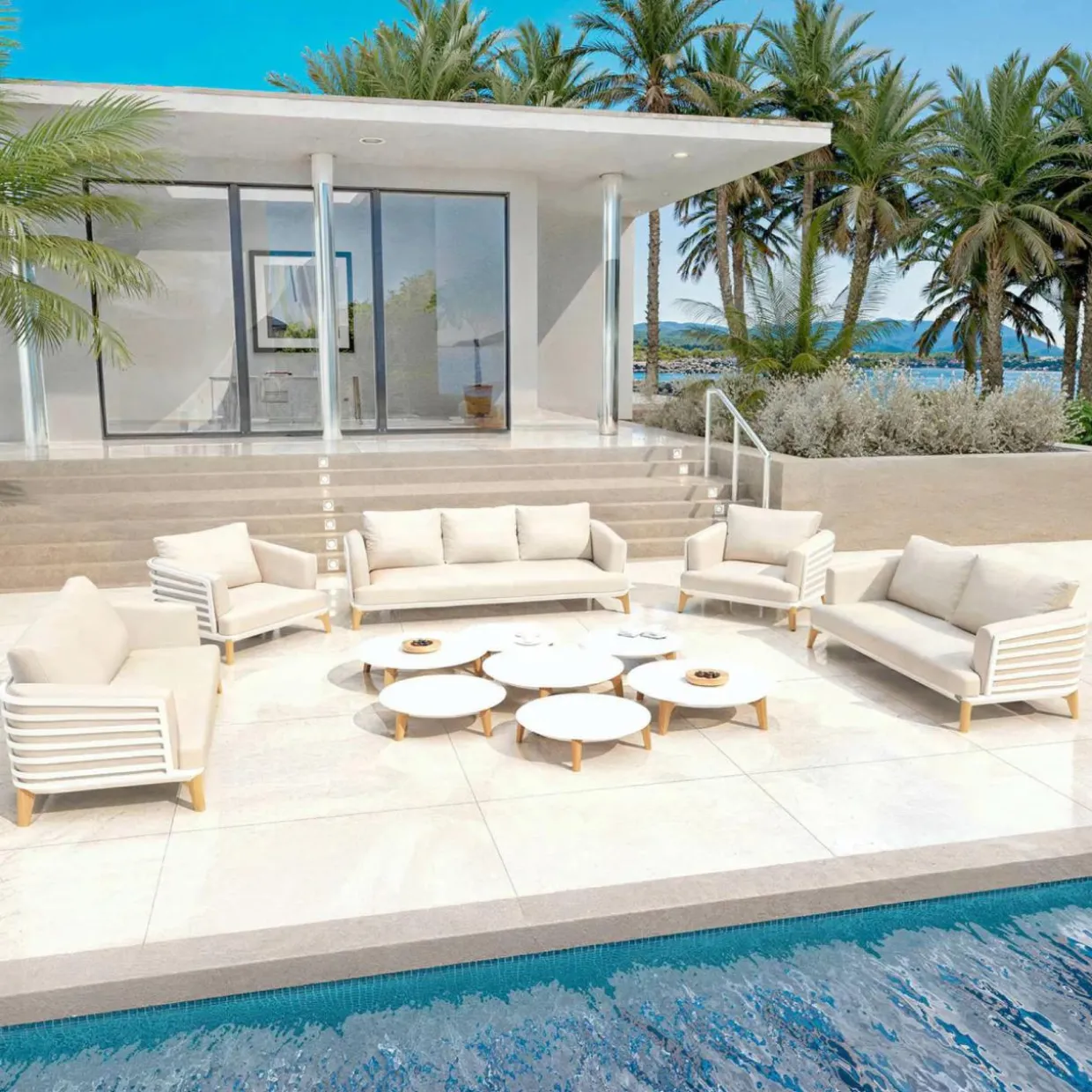 Salon de jardin aluminium 9 places 12 pcs Monte Carlo Blanc et beige