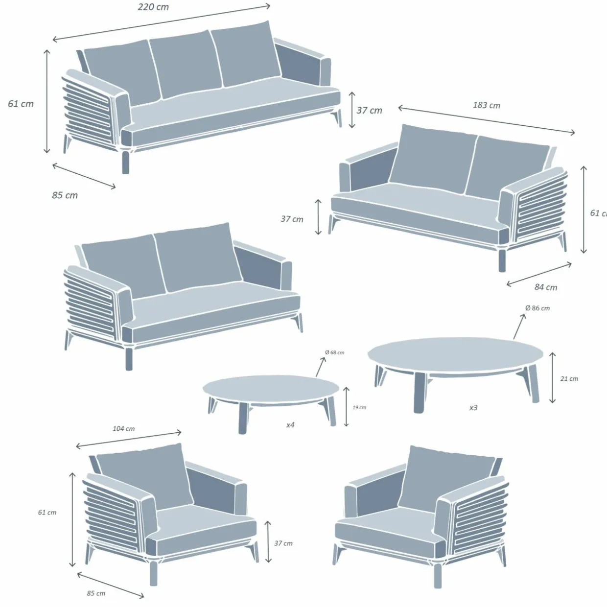 Salon de jardin aluminium 9 places 12 pcs Monte Carlo Blanc et beige