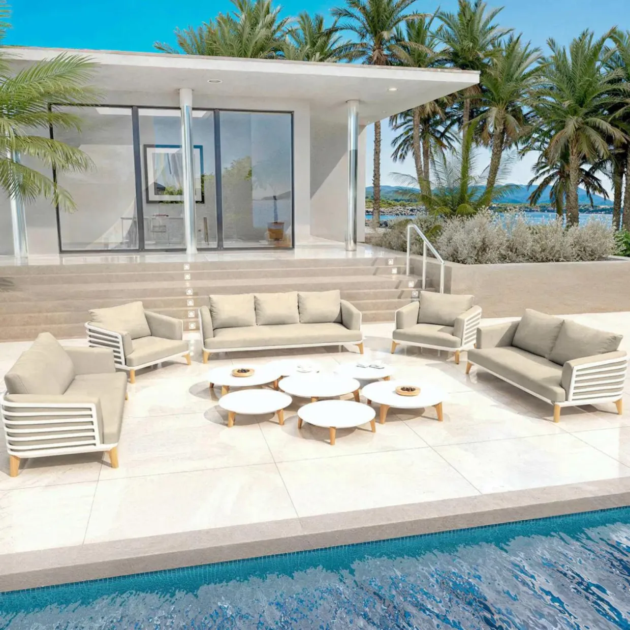 Salon de jardin aluminium 9 places 12 pcs Monte Carlo Blanc et taupe
