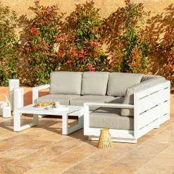 Salon de jardin d'angle aluminium 5 places Elba Blanc et taupe