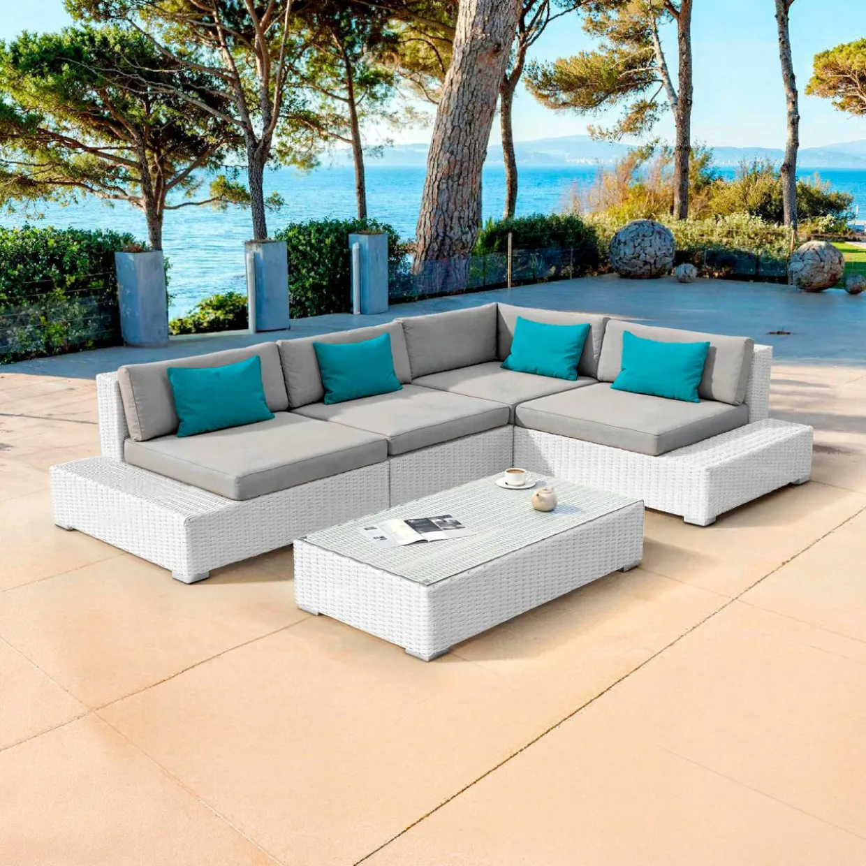Salon de jardin d'angle en résine tressée 5 places Palma Blanc et gris