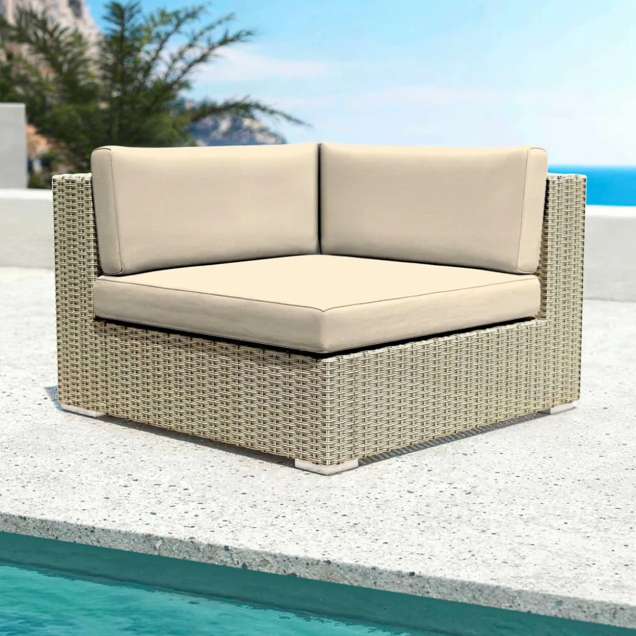 Salon de jardin d'angle en résine tressée 5 places Palma Gris et beige
