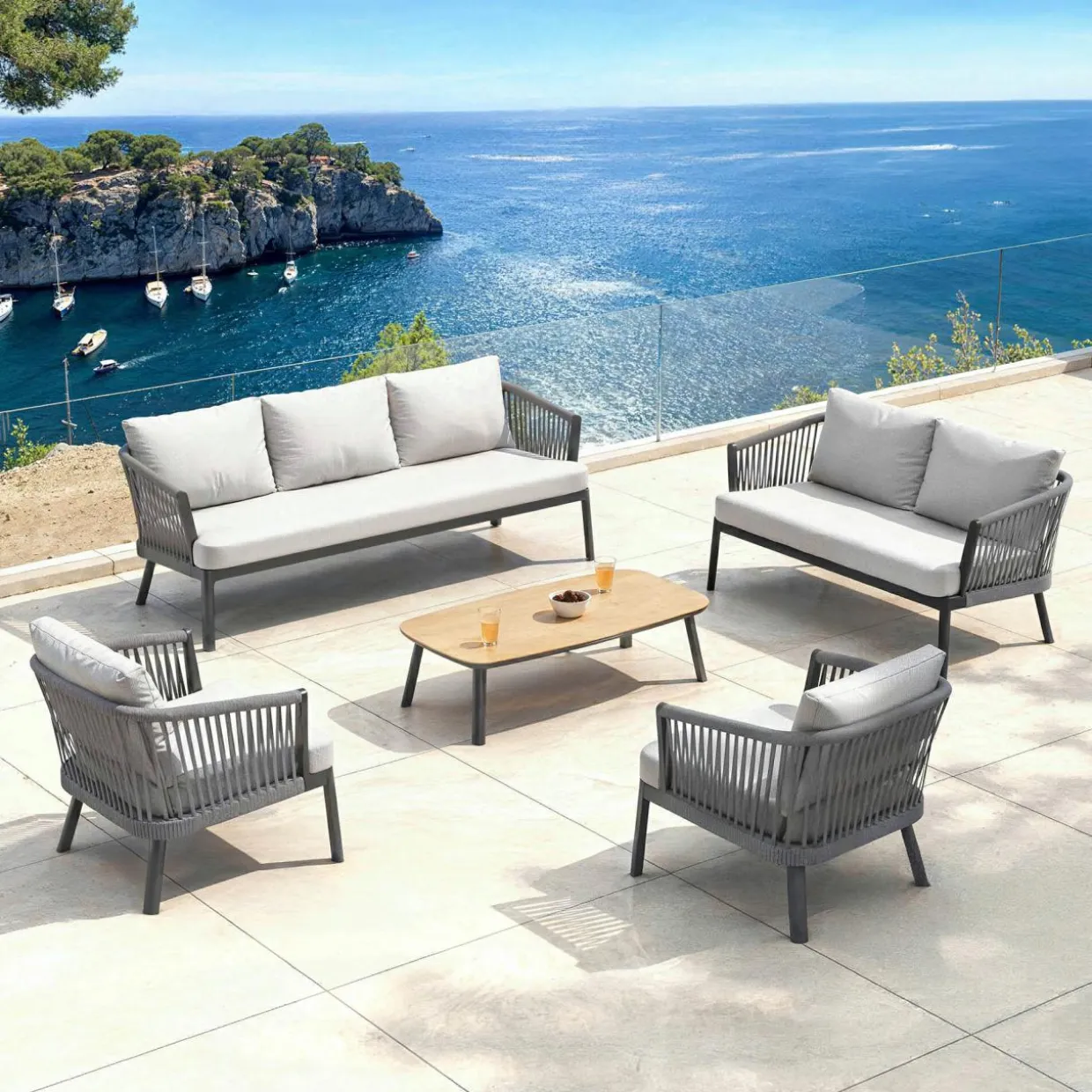 Salon de jardin en aluminium 7 places 5 pcs Amalfi Gris anthracite et gris clair