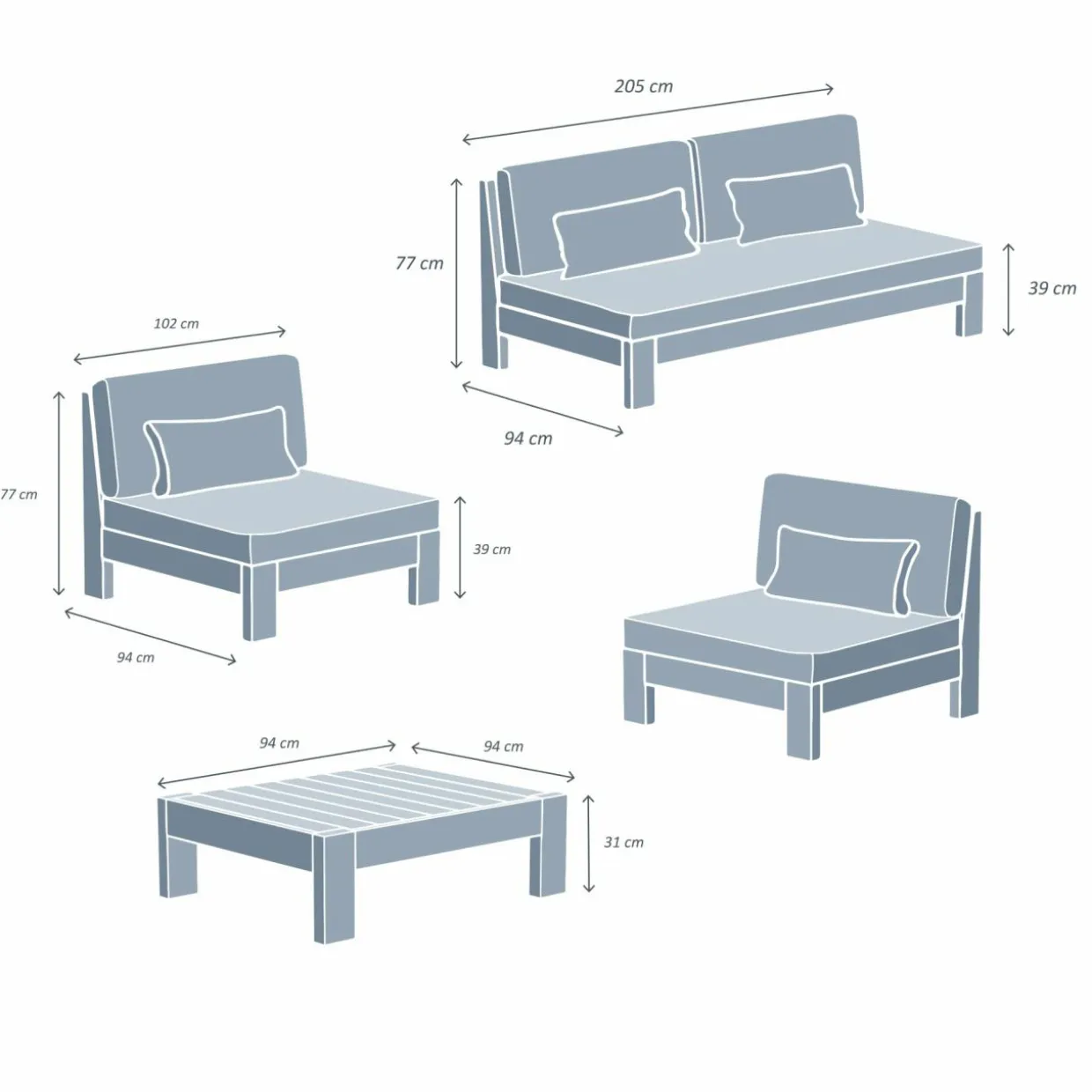 Salon de jardin en bois d'acacia 5 places 4 pcs Bornéo Gris anthracite
