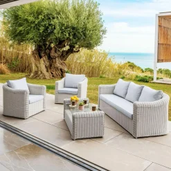 Salon de jardin en résine tressée 5 places 4 pcs Calvi Blanc et gris clair