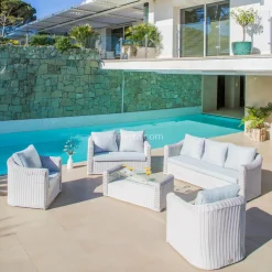 Salon de jardin en résine tressée 7 places 5 pcs Calvi Blanc et gris clair