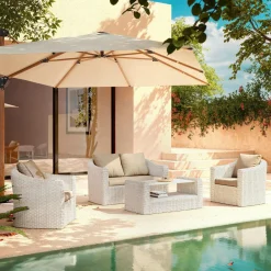 Salon de jardin en résine tressée 4 places 4 pcs Calvi Blanc et taupe