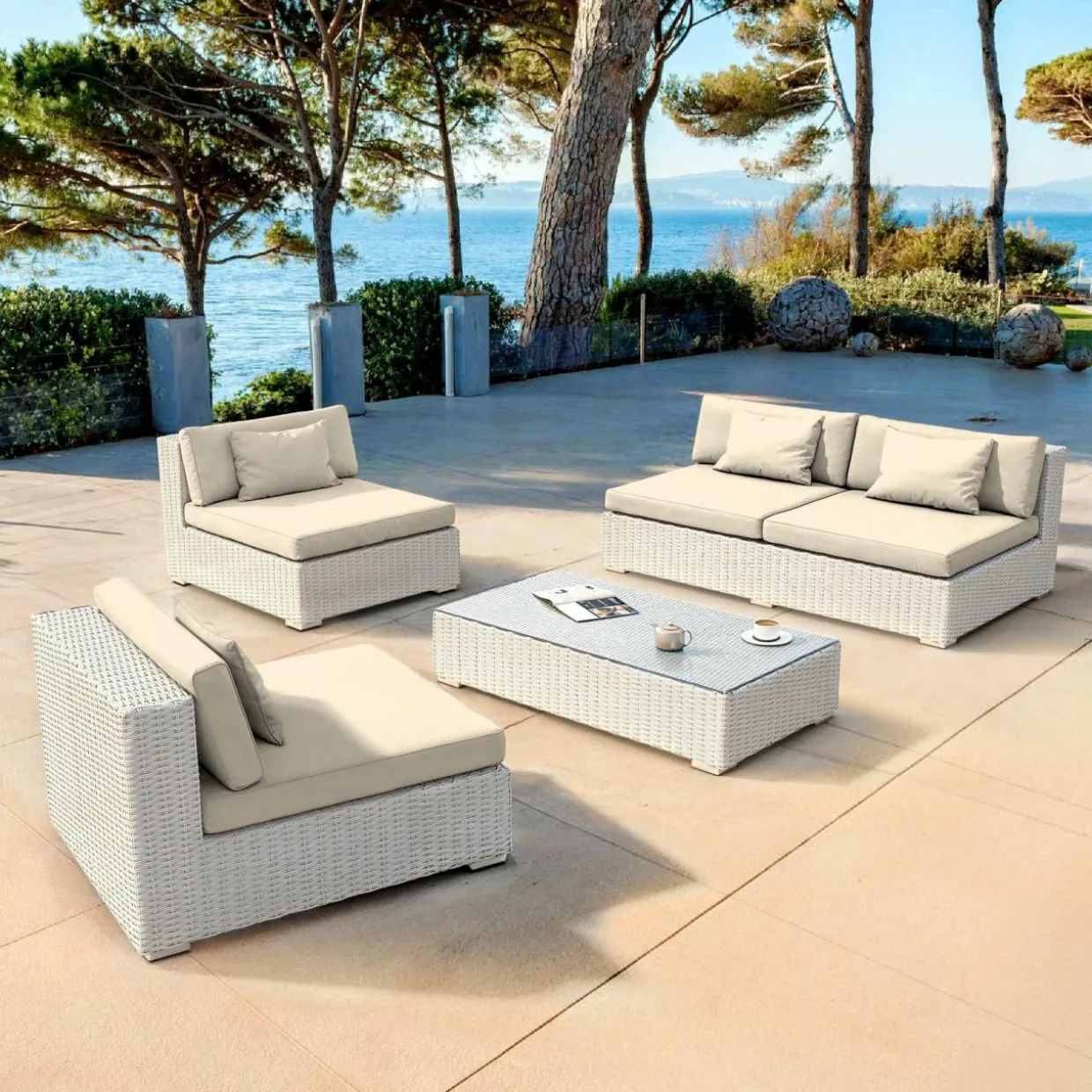 Salon de jardin en résine tressée 4 places 4 pcs Palma Blanc et beige