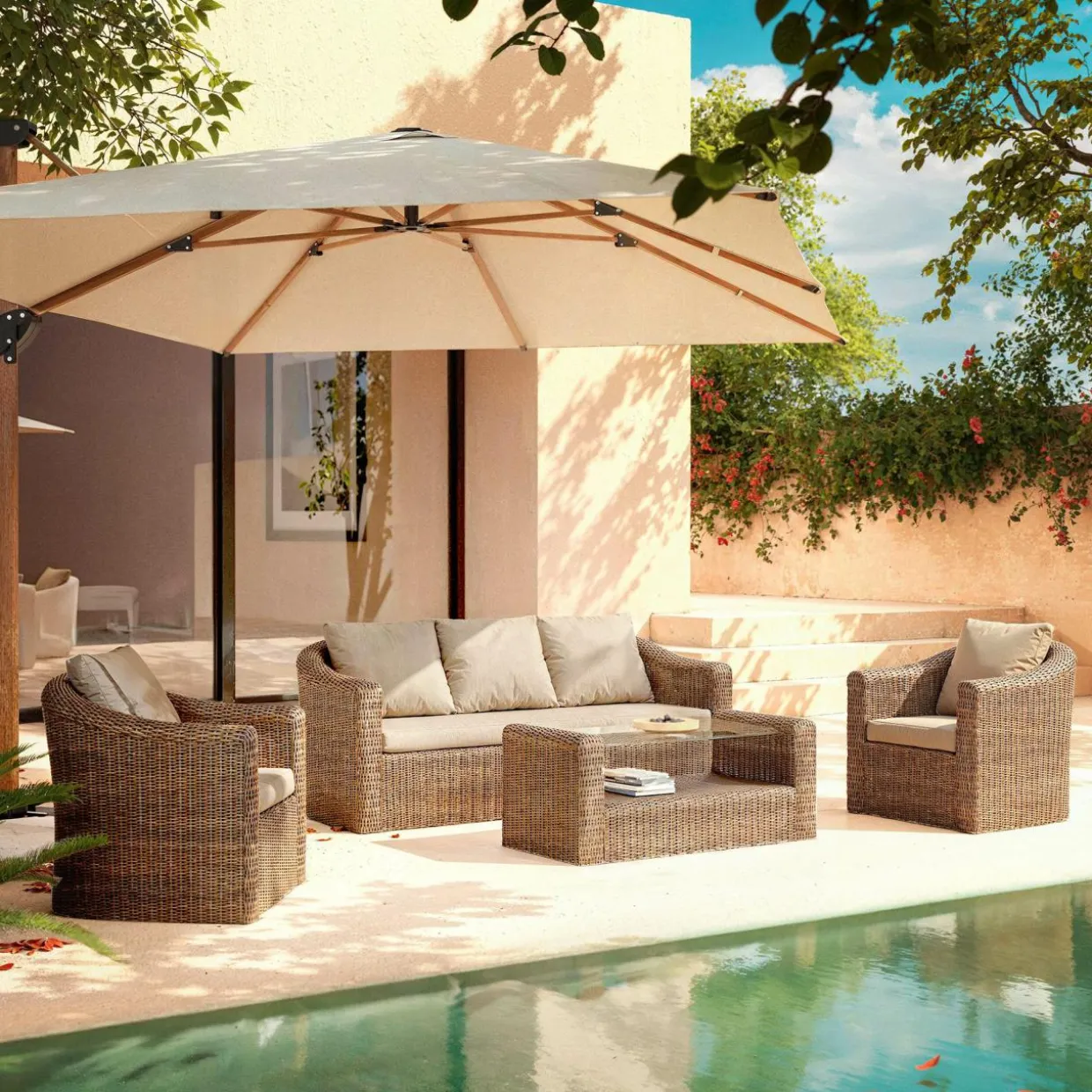 Salon de jardin en résine tressée 5 places 4 pcs Calvi Sepia et taupe