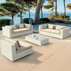 Salon de jardin en résine tressée 5 places 6 pcs Palma Blanc et beige