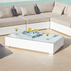 Salon de jardin en résine tressée 5 places 6 pcs Palma Blanc et taupe