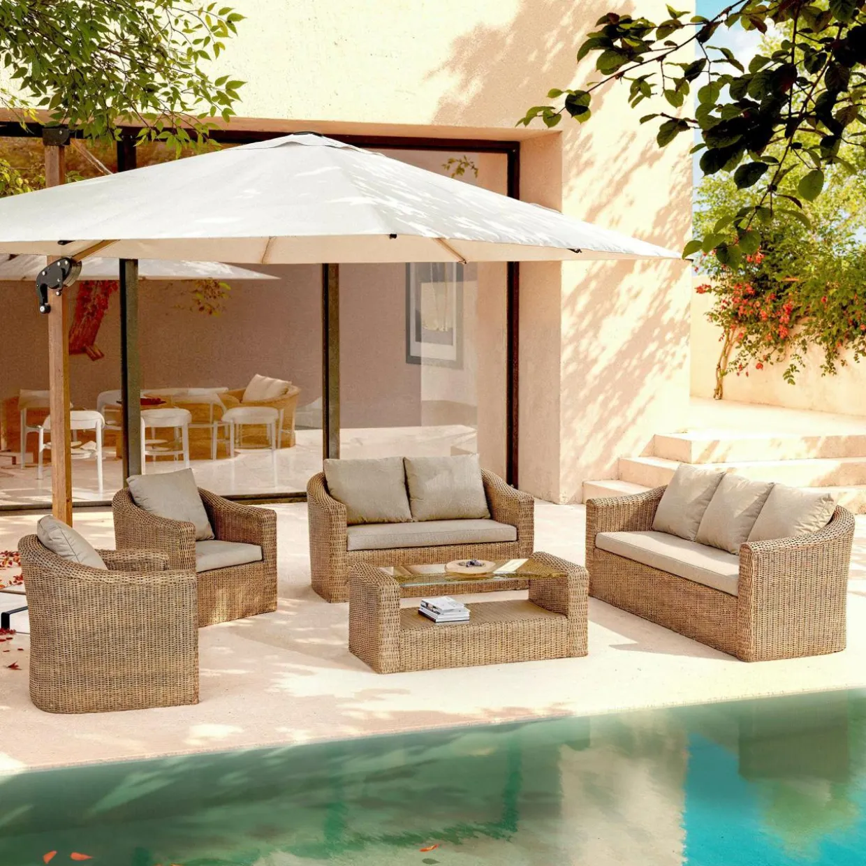 Salon de jardin en résine tressée 7 places 5 pcs Calvi Sepia et taupe