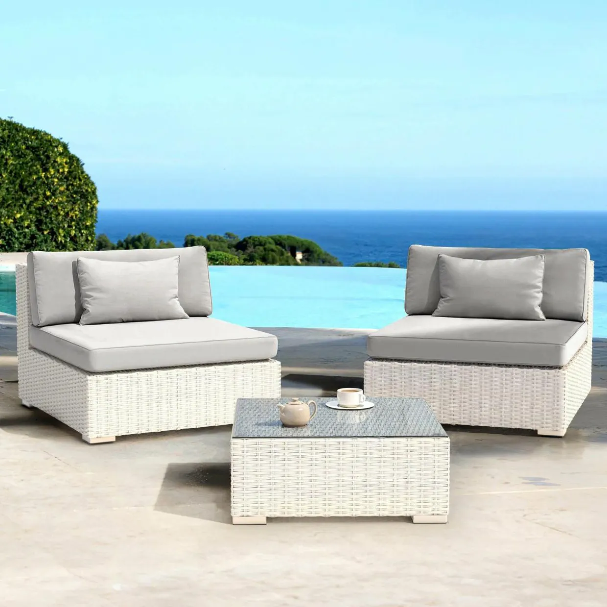 Salon de jardin en résine tressée 2 places 3 pcs Palma Blanc et gris
