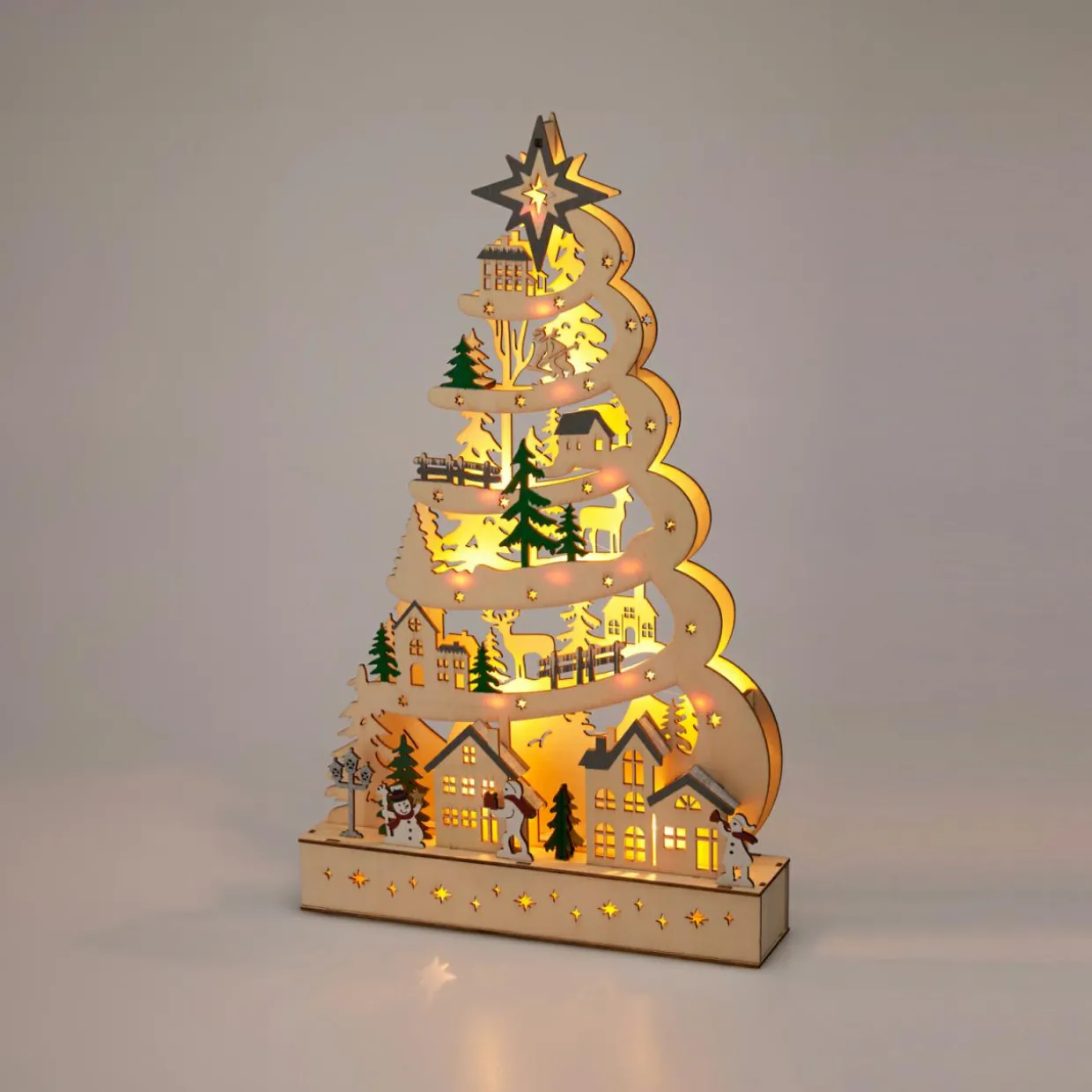Sapin de Noël lumineux en bois 15 LED (H45 cm) Conte de Neige Naturel