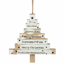 Sapin de Noël à suspendre en bois (H15 cm) Langues du monde Blanc