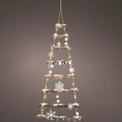 Sapin à suspendre en bois illuminé à piles (H100 cm) Flocons Blanc chaud